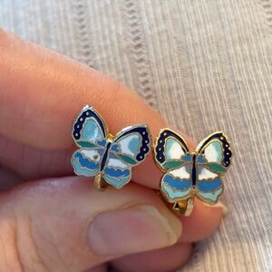 Butterfly Enamel Earrings, Blue Butterfly clip on earrings,